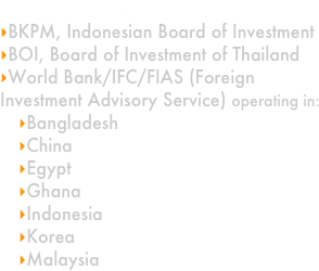 
Government Agencies
BKPM, Indonesian Board of Investment
BOI, Board of Investment of Thailand
World Bank/IFC/FIAS (Foreign Investment Advisory Service) operating in:
Bangladesh
China
Egypt
Ghana
Indonesia
Korea
Malaysia